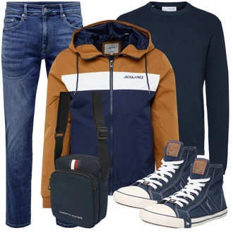 Outfit mit Dunkelblau/Blau Feinstrickpullover/Einfacher Pullover/Basic Pullover/Wollpullover/Rollkragenpullover/Kaschmir Pullover Selected "Alltag Outfit"