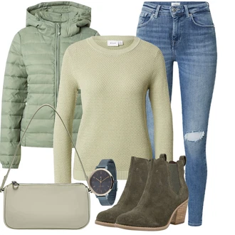 Outfit sa Tamnozelena Chelsea Gležnjača/Kožna Jakna/Čizma s klinastom petom/Kaubojska čizma/Podstavljena Gležnjača/ljetna gležnjača/Western Gležnjača TOMS "Moderna kombinacija za slobodno vrijeme"