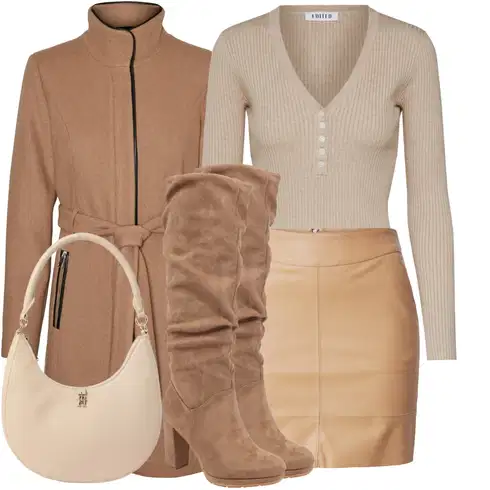 Kombinace Béžová/Hnědá/Khaki 70tá Léta Minisukně/Sukně z umělé kůže/Krátká Sukně/Kožená Sukně Kožená Minisukně/Kožená Sukně Only kombinovat s Hnědá/Béžová/Šedá Kozačka po Kolena/Klasická Kozačka/Dlouhá Kozačka/Kozačka Na Podpatku/Bota se širokým nohavici/Špičatá Kozačka About You