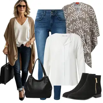 Stil, Western Outfit sa Siva/Krem/Bijela Bluza Dugih Rukava/Kožna jakna za muškarce/Poslovna Bluza/Slip-on Bluza/Bluza koja se ne pegla/Musseline Bluz/Bluza s Podignutim Ovratnikom B.young "Trendi zimski outfit"Look: Stil, Radna odjeća, Transparentan, Ured