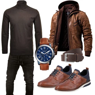 Motorrad Outfit mit Dunkelbraun/Braun Kapuzenjacke/Außergewöhnliche Jacke/Herbstjacke/Jacke mit Seitlichem Reißverschluss/Winterjacke/Kunstlederjacke/Bikerjacke/Leder Bomberjacke/Motorradjacke/Vintage Lederjacke FLAVOR "Buro Outfit"Look: Motorrad, Reiten