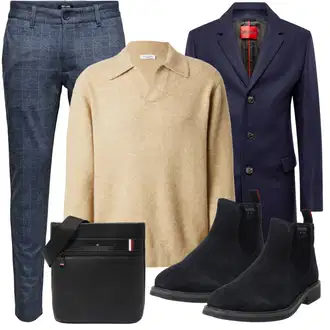 Büro Outfits Moderne mit Dunkelblau/Blau/Grau/Hellblau T-Shirt/Herren Lederjacke/Thermojeans/Schlupfjeans/Leder Schuhe/Sweatjeans/Schlupfjeans/Tapered-Jeans/Slim Fit Jeans/Winterjacke Only & Sons "Buro Outfit"Look: Smart Casual, Outdoor, Old Money, Casual, Coole, Unisex, Moderne