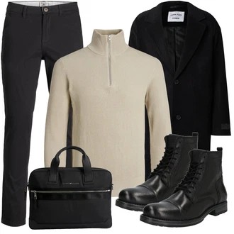 Outfit mit Beige/Khaki/Braun Pullover mit Reißverschluss/Wollpullover/Rollkragenpullover/Thermo Pullover Jack & Jones "Business Outfit"