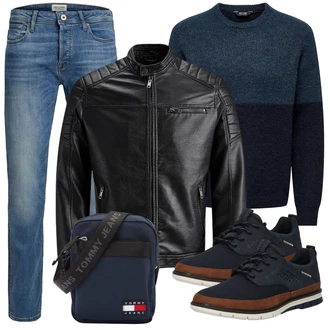 Große Größen Outfit mit Schwarz/Creme/Dunkelgrün Mantel/Lederjacke/Leder Bomberjacke/KunstLederjacke/Vintage Lederjacke/Bikerjacke/Motorradjacke Jack & Jones "Casual Outfit"
