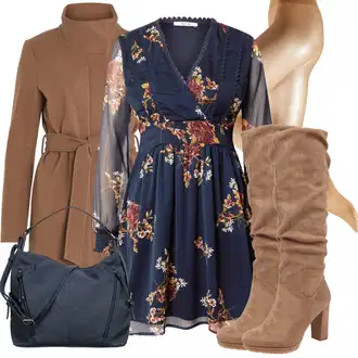 Outfit s Tmavě modrá/Pastelové barvy/Modrá Halenkové Šaty/Šaty na Podzim/Šaty S Potiskem/Vintage šaty About You "Outfity na každý den"