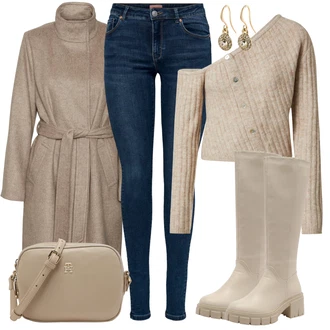 Outfit s Béžová/Hnědá/Khaki Crop Svetr/Svetr bez Ramínek/Svetr s přehozem/Svetr s Výstřihem/Vlněný Svetr/Jednoduchý Svetr about you x sofia tsakiridou "Módní zimní outfit"
