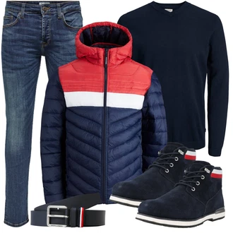 Outfit mit Dunkelblau Feinstrickpullover/Einfacher Pullover/Basic Pullover/Wollpullover/Kaschmir Pullover/Stillpullover/Polo-Pullover/Thermo Pullover Jack & Jones "Cool Outfit"