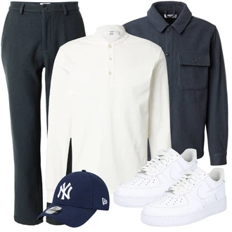 Outfit mit Grau/Dunkelgrau/DunkelBlau/Blau/HellBlau Jeanshemd/Flanellhemd/Casual Hemd/Hemdbluse/Business Hemd/Shirtjacke/Nachhaltige Jacke/Uniformjacke/Wolljacke/Cordjacke/Militärjacke about you x jaime lorente "Cool Outfit"