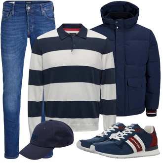 Retro Outfit mit Blau/Dunkelblau/Hellblau Slim Fit Jeans/Leder Schuhe/Low Rise Jean/Lederjacke/Winterjacke/Low Waist Jean/Push up Jeans/Thermojeans/Regular-Fit Jeans/Tapered-Jeans/Sportschuhe Jack & Jones "Cool Outfit"Look: Uni, Classic, Schlichte, Smart Casual, Retro, Coole, Premium