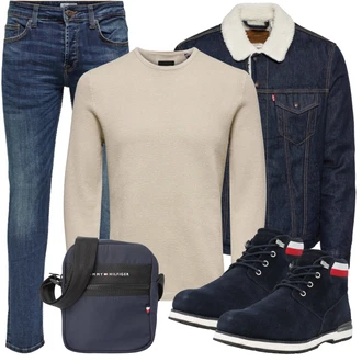 Outfit mit Creme/Blau/Dunkelblau/Hellblau Jeansjacke/Vintage Strickjacke/Strickjacke Gefüttert/Stehkragen-Strickjacke/Wolle Strickjacke/Winter Strickjacke/Strickjacke Tracht/Vintage Jacke/Holzfäller Jacke/Kurze Jeansjacke levi's ® "Cool Outfit"