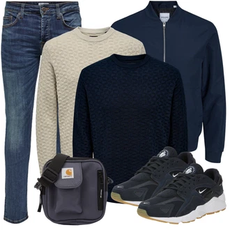 Outfit mit Dunkelblau Wollpullover/Kaschmir Pullover/Basic Pullover/Einfacher Pullover/Strickpullover/Rollkragenpullover/Jacquard Pullover/Feinstrickpullover/Winterpullover Only & Sons "Cool Outfit"