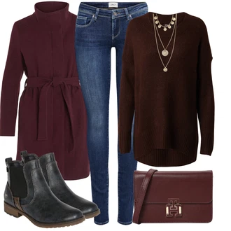 Outfit s Tmavě červená/Vínová/Fialová Přechodový Kabát/Pletený Kabát/Zimní Kabát Vlněný kabát/Scuba Kabát/Vlněný Fleecový Kabát/Trenčkot/Lodenový kabát/Midi Kabát/Kašmírový Kabát Vila "Pohodlné zimní outfity"