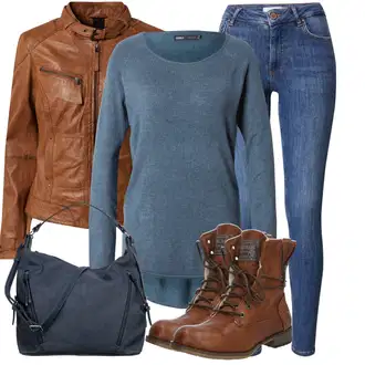 Outfit sa Plava/Tamnoplava/Svjetloplava Kožna Jakna/Kožne Cipele/Zimska jakna/Push-up Traperice/Traperice s Prorezom/Ženske Traperice 7/8 Dužine/High Waist Traperice/Slip-on Traperice Vila "Zimski ugođaj"