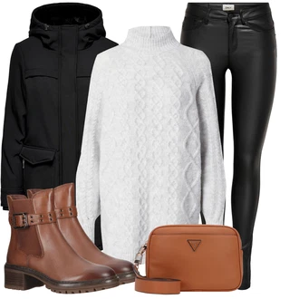 Outfit s Tmavě hnědá/Hnědá/Červená Chelsea Boty/Kožená bunda/Motorkářská bota/Kožená kotníková bota/Kotníková Bota s Podšívkou/Letní kotníková kozačka Tamaris "Trendový zimní vzhled"