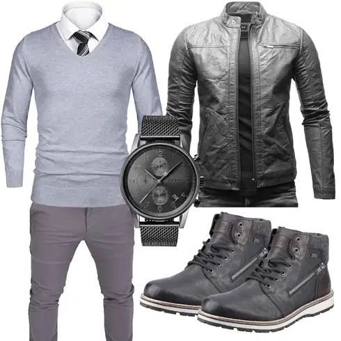 Grau/Dunkelgrau Leder Bomberjacke/Motorradjacke/Bikerjacke/Jacke mit Seitlichem Reißverschluss/KunstLederjacke Crone kombinieren
