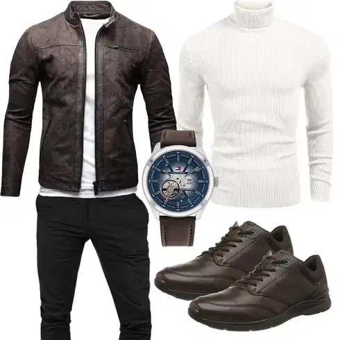 Dunkelbraun/Grau/Braun Leder Bomberjacke/Motorradjacke/Bikerjacke/Jacke mit Seitlichem Reißverschluss/KunstLederjacke/Vintage Lederjacke Crone kombinieren
