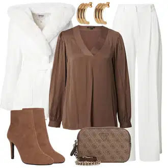 Ljeto Outfit sa Bijela/Krem/Kaki Lanene Hlače/Marlene Hlača/Široka Hlača/Hlače s prednjim naborom/Hlače od muslina/Hlače Visokog Struka/Hlače S Naborom/Hlače s Prorezom A Lot Less "Zimski outfit za slobodno vrijeme"