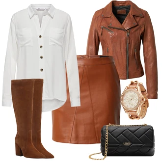 Cowgirl Outfit sa Tamnosmeđa/Smeđa Čizmica Čizma na Špic/Čizma za Jahanje/Čizma do Koljena/Široke čizme/Čizma na visoku petu/Duga Čizma About You "Moderan zimski outfit"Look: Cowgirl, Western