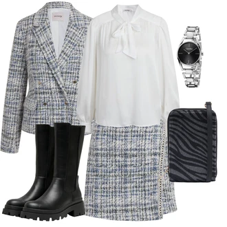 Oblečení se sukní Egirl s Šedá/Bílá/Modrá/Vícebarevný/Fialová orsay "Elegantní zimní outfit"Look: Chytrý příležitostný, Ležérní, Egirl, Šik, Preppy, Bezešvé, S průsvitem, Příliš oblečený