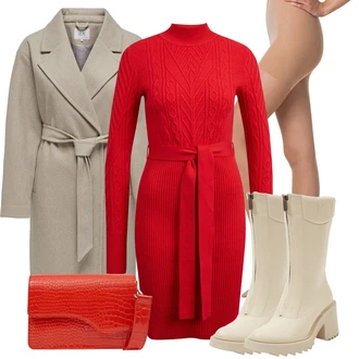 Outfit s Červená Zimní Pletené Šaty/Svetrové Šaty/Dlouhé pletené šaty orsay "Elegantní zimní outfit"