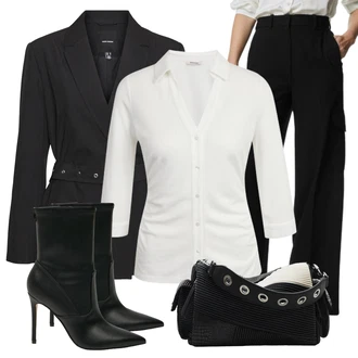 Outfit s Černá/Bílá Kozačka Kožená kotníková bota/Kotníková Bota s Podšívkou/Kozačka Na Podpatku/Kotníková Bota Na Podpatku/Špičatá Kozačka Guess "Elegantní zimní outfit"