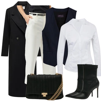 Outfit s Černá/Bílá Kozačka Kožená kotníková bota/Kotníková Bota s Podšívkou/Kozačka Na Podpatku/Kotníková Bota Na Podpatku/Špičatá Kozačka Guess "Elegantní zimní outfit"