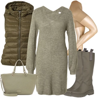 Outfit s Tmavě zelená/Khaki/Šedá Svetrové Šaty/Zimní Pletené Šaty/Pletené Šaty JdY "Každodenní vzhled"