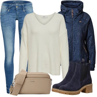 Outfit s Tmavě Modrá/Modrá Letní kotníková kozačka/Chelsea Boty/Kotníková Bota s Podšívkou/Kožená bunda Tamaris "Trendový zimní vzhled"