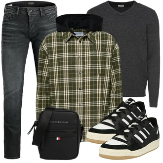 Outfit mit Dunkelgrau/Grau/Hellgrau Wollpullover/Feinstrickpullover/Einfacher Pullover/Basic Pullover/2-in-1 Pullover/Kaschmir Pullover/Stillpullover/Thermo Pullover/Pullover Mit V-ausschnitt/Kaschmir Pullover/Damen Pullover/Pullover mit Stehkragen Jack & Jones "Freizeit Outfit"