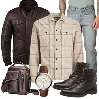 3/4 arm Outfit mit Braun/Dunkelbraun/Dunkelgrün Leder Bomberjacke/KunstLederjacke/Vintage Lederjacke/Wachsjacke/Lederjacke !Solid "Freizeit Outfit"