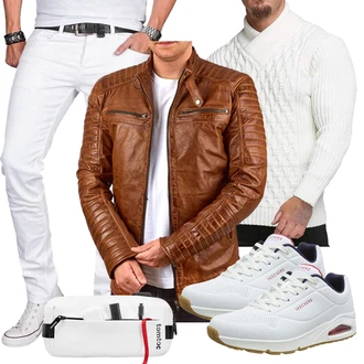Stil Motorrad Outfit mit Braun/Beige/Dunkelbraun Motorradjacke/Bikerjacke/KunstLederjacke/Vintage Lederjacke FAPA "Freizeit Outfit"Look: Indoor, Dad, Elegant, Feine, Stil, Coole, Workwear, Empire, Moderne, Steampunk, 80er, Freizeit, Arbeits, Motorrad, Reiten