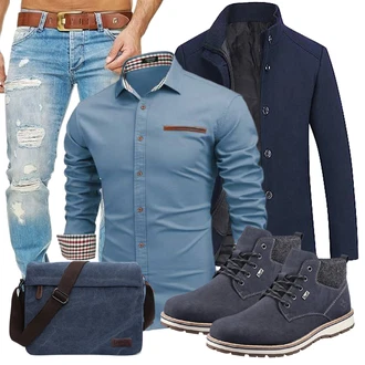 Outfit mit HellBlau/Blau/Grau Casual Top/T-Shirt mit 3/4-Ärmel/Langarm-Shirt/Hemdoberteil/Hemdbluse/Businesshemd/Casual Hemd/Business Hemd COOFANDY "Freizeit Outfit"