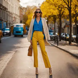 Outfity pro práci S křivkami s Tmavě modrá/Světle modrá/Modrá Halenka Móda Pro Plnoštíhlou/Tunika Only "Jarní styl s žlutými kalhotami"