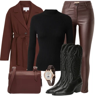 Outfit sa Smeđa/Tamnosmeđa/Vinski Crveno/Tamnocrvena Kožna Jakna/Bikerske Traperice/High Waist Traperice/Traperice s Prorezom/Termo Traperice Soyaconcept "Zimski outfit za slobodno vrijeme"