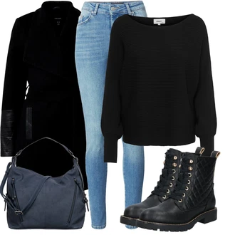 Prošívaný Outfit s Černá Šněrovací Kotníková Bota/Kožená bunda/Vycpaná kozačka/Gumová Kotníková Bota/Bojová Bota/Klasická kozačka/Plochá Kotníková Bota/Kozačka se zipem/Šněrovací Kozačka About You "Outfity na každý den"