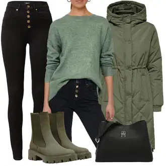 Outfit s Zelená/Tmavě Zelená Přechodový Kabát/Dlouhý Zimní Kabát/Zimní Kabát/Dlouhý Péřový Kabát/Kabát s Kapucí/Prošívaný Kabát/Parka JdY "Zimní outfit pro volný čas"