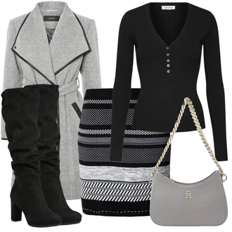 Oblečení se sukní Zima s Černá Basic Svetr/Svetr Carmen/Crop Svetr/Kašmírový Svetr/Jednoduchý Svetr/Termo Svetr/Svetr s V-výstřihem/Vlněný Svetr/Svetr z Jemné Pleteniny Edited, Černá Kozačka Na Podpatku/Dlouhá Kozačka/Kozačka nad Kolena/Bota se širokým nohavici/Špičatá Kozačka/Kozačka po Kolena About You "Zimní Ležérní Outfit"