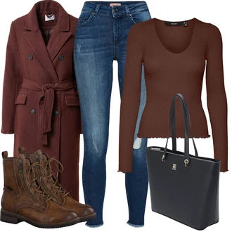 Motor Outfit sa Smeđa/Tamnosmeđa Čizmica Gležnjača na Vezanje/Čizma s patentnim zatvaračem/Borbena Čizma Tamaris "Moderan zimski outfit"Look: S zakovicama, Ronjenje, Motor, Jahanje