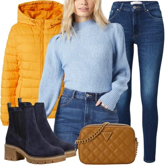 Outfit s Tmavě Modrá/Modrá Letní kotníková kozačka/Chelsea Boty/Kotníková Bota s Podšívkou/Kožená bunda Tamaris "Zimní nálada"