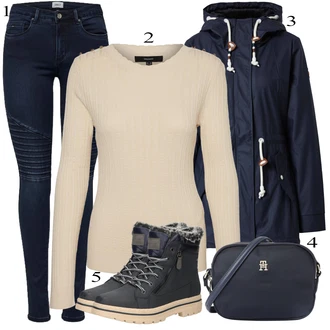 outfit mit Khaki/Bež/Bela Volnen Pulover/Pulover z ovratnikom/Termo Pulover/Preprost Pulover/Pulover z Okroglim Izrezom/Osnovni Pulover VERO MODA "Zimski outfit"