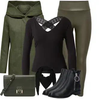 Outfit sa Crna Kožna gležnjača/Čizma s patentnim zatvaračem/motociklistička čizma/Gumena Gležnjača/Chelsea Gležnjača/Podstavljena Gležnjača/Ravna Gležnjača/Kožna Jakna/Motociklistička čizma/Čizma za Jahanje Only "Trendi zimski outfit"