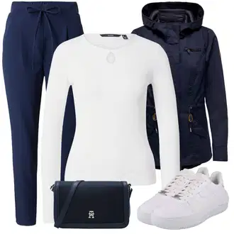 Outfit sa TamnoPlava/Plava Paperbag Hlača/Hlače od muslina/Carrot Hlače/Štofaste hlača/Ležerna Hlača/Slip-on Hlača VERO MODA "Zimski outfit"