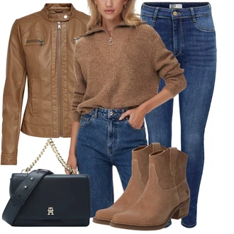 Outfit s Modrá/Světle modrá/Tmavě modrá Kožená bunda/Dámské Džíny s Délkou 7/8/Kožená Pánská Bund/Kožené Boty/Navlékací džíny/Push up Džín/High Waist Džínové Kalhoty/Termální Džíny/Motorkářské Džíny/Zimní bunda JdY "Trendový zimní vzhled"