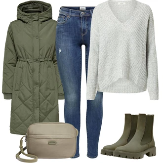 Outfit s Zelená/Tmavě zelená Přechodový Kabát/Dlouhý Zimní Kabát/Zimní Kabát/Dlouhý Péřový Kabát/Kabát s Kapucí/Prošívaný kabát/Parka JdY "Perfektní na zimu"