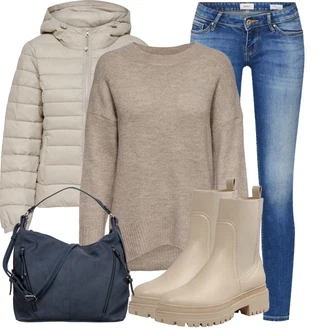 S Třásně Outfit s Hnědá/Béžová/Khaki Chelsea Boty/Kožená bunda/Plochá Kotníková Bota/Gumová Kotníková Bota/Kotníková Bota s Podšívkou About You "Zimní outfit pro volný čas"