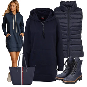 Outfit s Tmavě modrá/Modrá Puffer Vest/Džínová vesta/Peřová Vest/Obchodní vesta/Prošitý Prslušenství/Krátká Vest Only "Oblečení pro volný čas"