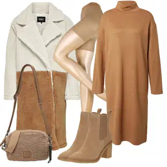 Outfit s Béžová/Hnědá Kožich Kabát/kabát z Lamy/Teddy Kabát/Kabát Bouclé Only "Módní zimní outfit"