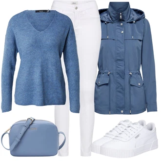 Denim/Traper Outfit sa Bijela/Smeđa/Crna Hlača Velika Veličina/Bluza i Tunika Only "Zimski outfit"