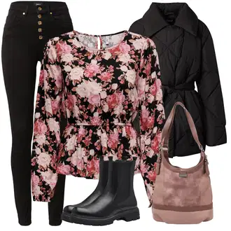 Cvjetna Moć Outfit sa Smeđa/Pink/Narandžasta/Crvena/Ljubičasta Bluza s Uzorkom/Izvanredna Bluza/Bluza s Printom/Crash Bluza/Bluza Dugih Rukava/Carmen Bluza/Bluza Vrh Only "Zimski outfit"
