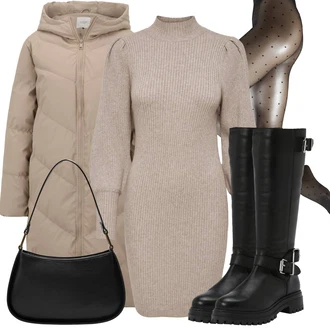 Prošívaný Outfit s Hnědá/Béžová/Khaki Zimní Kabát/Dlouhý Zimní Kabát/Dlouhý Péřový Kabát/Prošívaný kabát/Péřový Kabát JdY "Trendový zimní vzhled"